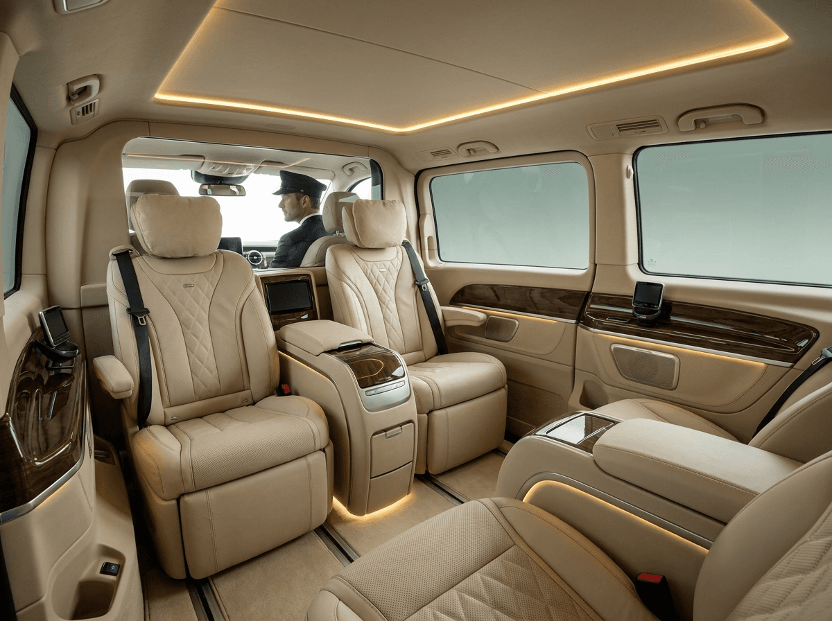 VIP van interior with quilted leather seats and chauffeur at the wheel