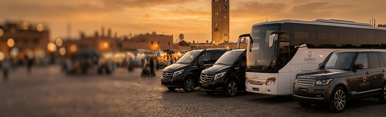 Ouhdidou luxury fleet of black vans and a coach lined up for departure