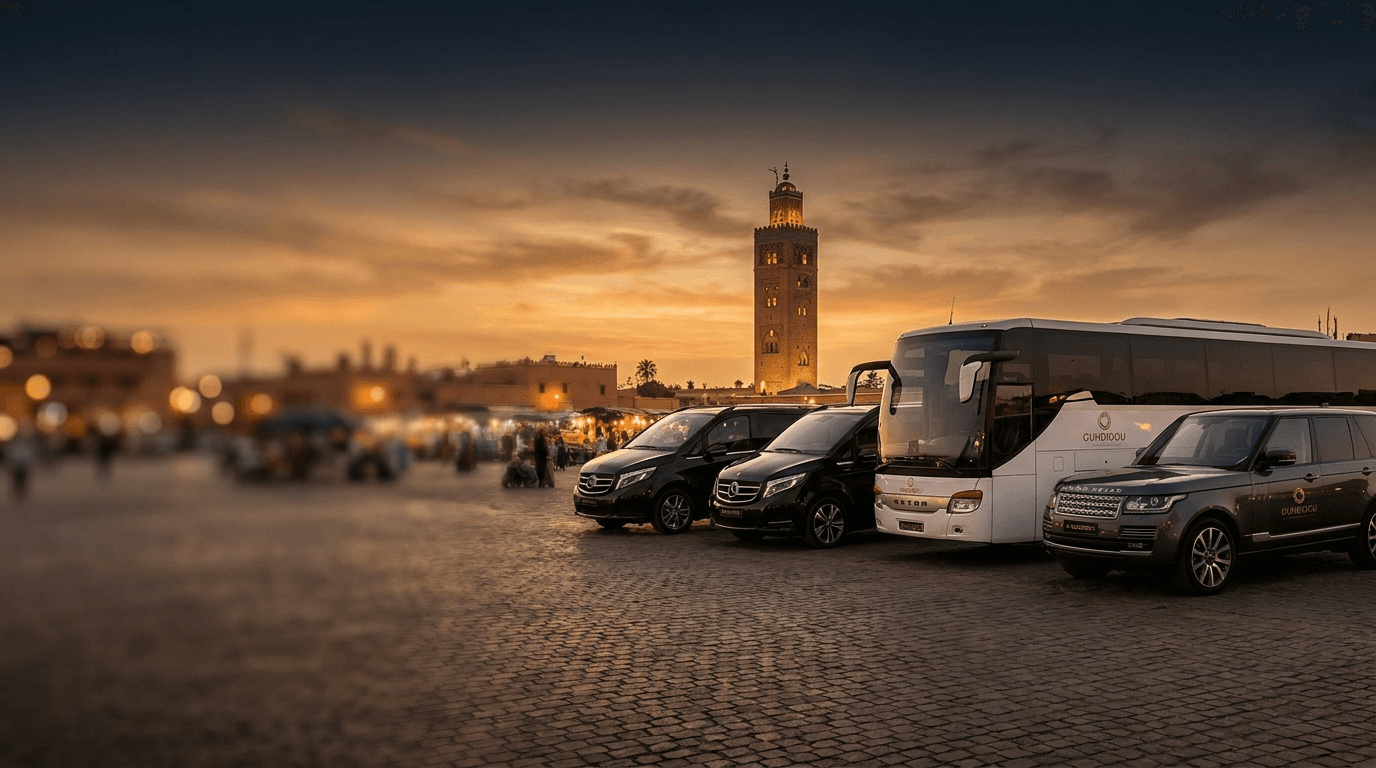 Ouhdidou luxury fleet parked near Koutoubia Mosque in Marrakech at dusk